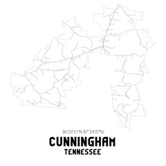 Cunningham Tennessee. US street map with black and white lines.