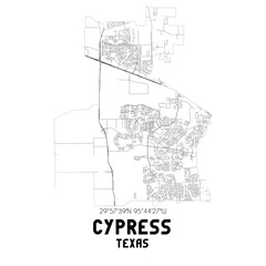 Cypress Texas. US street map with black and white lines.