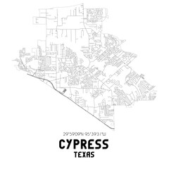 Cypress Texas. US street map with black and white lines.