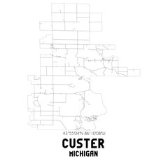 Custer Michigan. US street map with black and white lines.