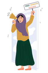 Iranian woman wearing hijab protests with banner and loudspeaker. Vector illustration of Iranian protests. A woman is fighting for her rights. Free iranian women 