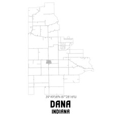 Dana Indiana. US street map with black and white lines.