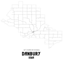 Danbury Iowa. US street map with black and white lines.