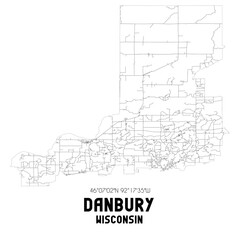Danbury Wisconsin. US street map with black and white lines.