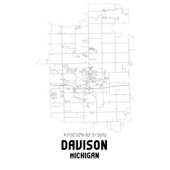 Davison Michigan. US street map with black and white lines.