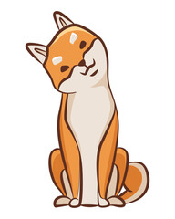 Shiba inu dog character. Playful pet sits. Hand drawn vector sticker. Cute and funny dog. Adorable friend