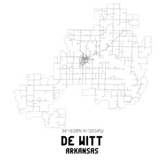 De Witt Arkansas. US street map with black and white lines.