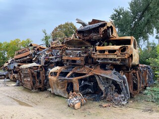 A bunch of burned and shelled cars in Hostomel in the Kyiv region