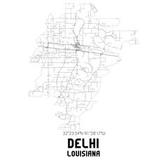 Delhi Louisiana. US street map with black and white lines.