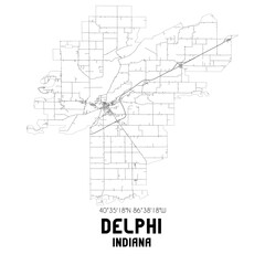 Delphi Indiana. US street map with black and white lines.