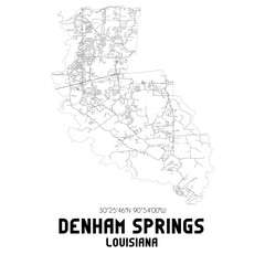 Denham Springs Louisiana. US street map with black and white lines.