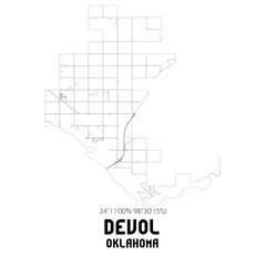 Devol Oklahoma. US street map with black and white lines.