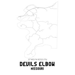 Devils Elbow Missouri. US street map with black and white lines.