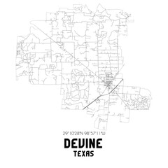 Devine Texas. US street map with black and white lines.