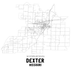 Dexter Missouri. US street map with black and white lines.