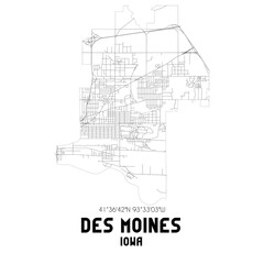 Des Moines Iowa. US street map with black and white lines.