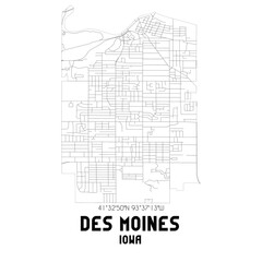 Des Moines Iowa. US street map with black and white lines.