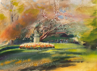 Art painting of Luxembourg garden in Paris France