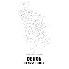 Devon Pennsylvania. US street map with black and white lines.