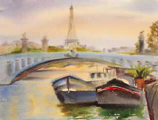 Paris harbor watercolor art painting