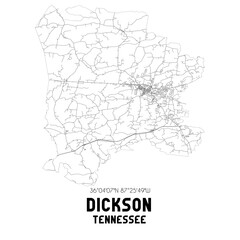 Dickson Tennessee. US street map with black and white lines.