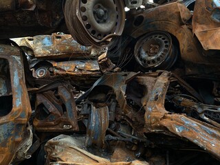A bunch of burned and shelled cars in Hostomel in the Kyiv region
