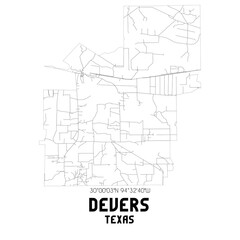 Devers Texas. US street map with black and white lines.