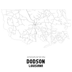 Dodson Louisiana. US street map with black and white lines.