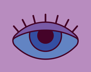 Trippy retro symbol. Simple groovy sticker or vintage printable object with magic eye. Funky poster. Design element for social networks. Cartoon flat vector illustration isolated on purple background