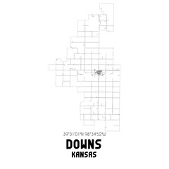 Downs Kansas. US street map with black and white lines.
