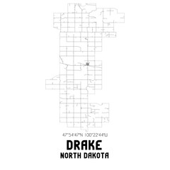 Drake North Dakota. US street map with black and white lines.