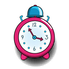 Obraz premium Comic alarm clock. Pop art colorful and dynamic cartoonish icon in retro style. Vector bright cartoon object with halftone dots shadow