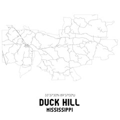 Duck Hill Mississippi. US street map with black and white lines.