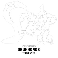 Drummonds Tennessee. US street map with black and white lines.