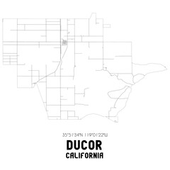 Ducor California. US street map with black and white lines.