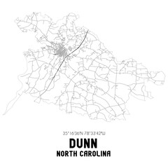 Dunn North Carolina. US street map with black and white lines.