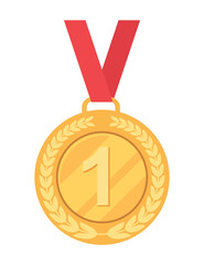 Gold medal with ribbon. Metal award for winner of competition. Prize for best employee, actor or musician. Leadership and motivation. Poster or banner for website. Cartoon flat vector illustration