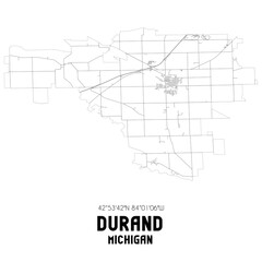 Durand Michigan. US street map with black and white lines.