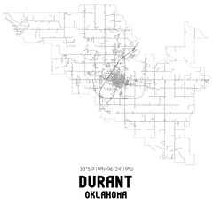 Durant Oklahoma. US street map with black and white lines.