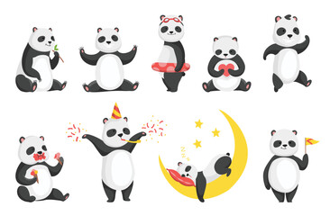 Panda bears in different poses and emotions. Set of cute big panda characters. Asian wildlife cartoon animal. Hand drawing sleepy and lazy animal. Mammal eating bamboo. Adorable jungle wild mammal