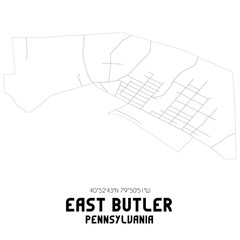 East Butler Pennsylvania. US street map with black and white lines.