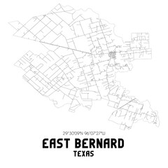 East Bernard Texas. US street map with black and white lines.