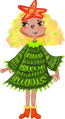 Girl in a Christmas tree outfit