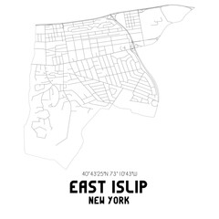 East Islip New York. US street map with black and white lines.