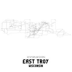 East Troy Wisconsin. US street map with black and white lines.