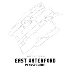 East Waterford Pennsylvania. US street map with black and white lines.