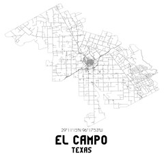 El Campo Texas. US street map with black and white lines.