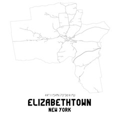 Elizabethtown New York. US street map with black and white lines.