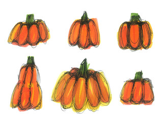 Set of pumpkin marker illustration. Hand drawn stylized pumpkins isolated on white background. Fast sketch with markers and black liner. Element for halloween design