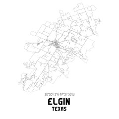 Elgin Texas. US street map with black and white lines.